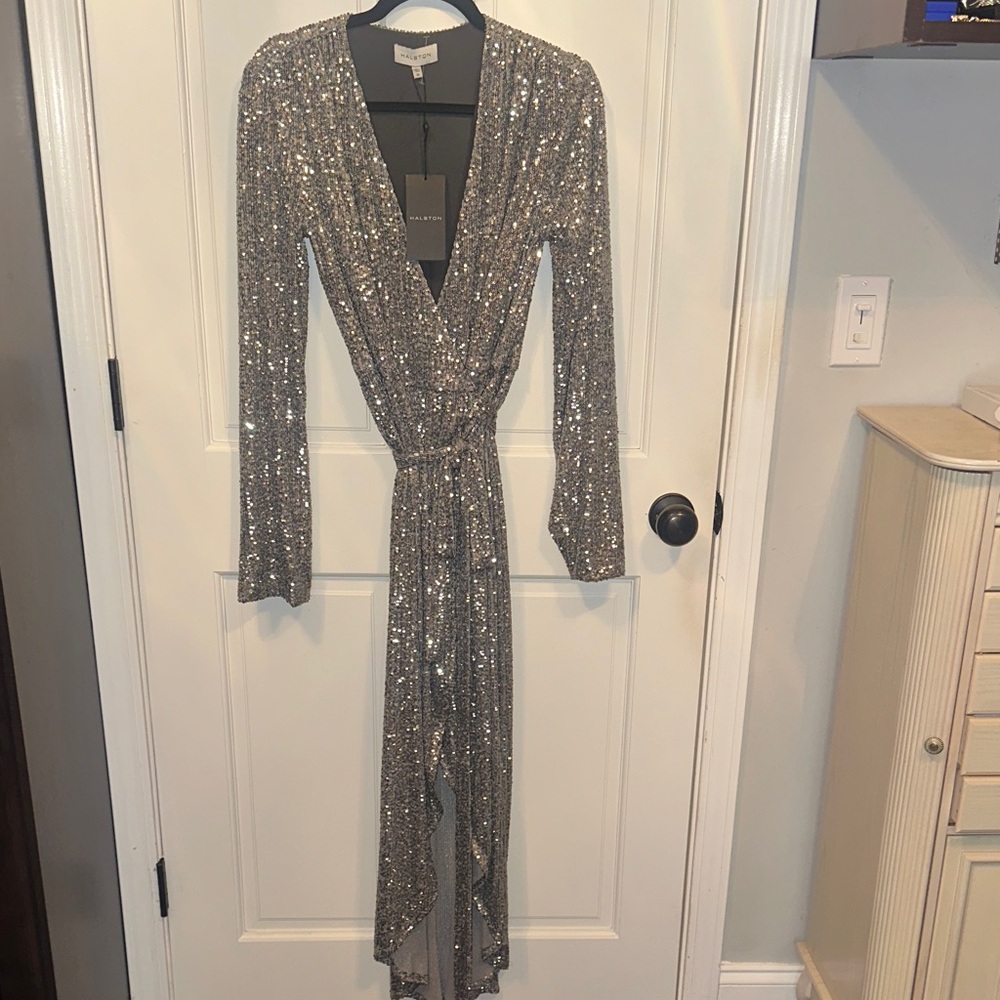 NWT Halston Silver wrap dress in size 10.